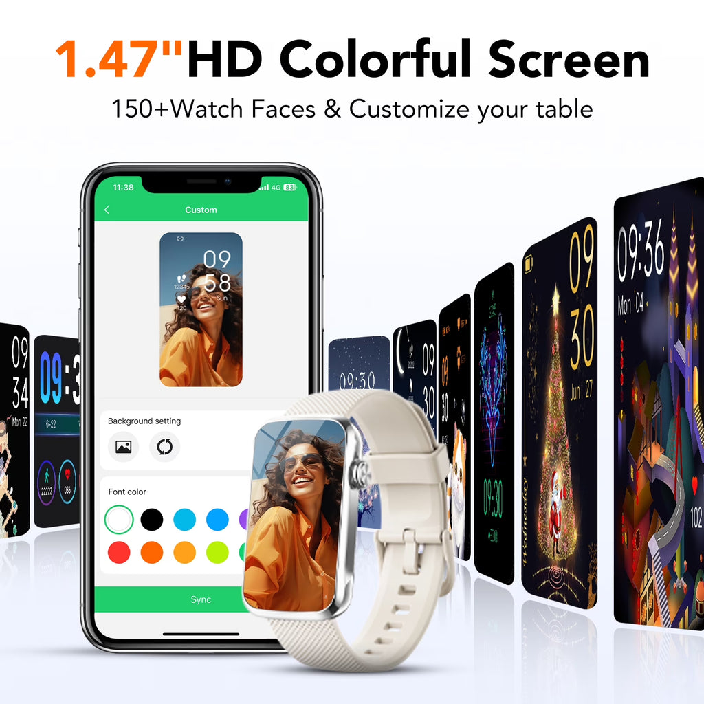 1.47" Fitness Tracker, Smartwatch for Women Men with Multiple Sport Modes Step Counter, Bluetooth Calls (Make/Answer), IP68 Waterproof, Fitness Tracker Compatible with Android and Iphone,White